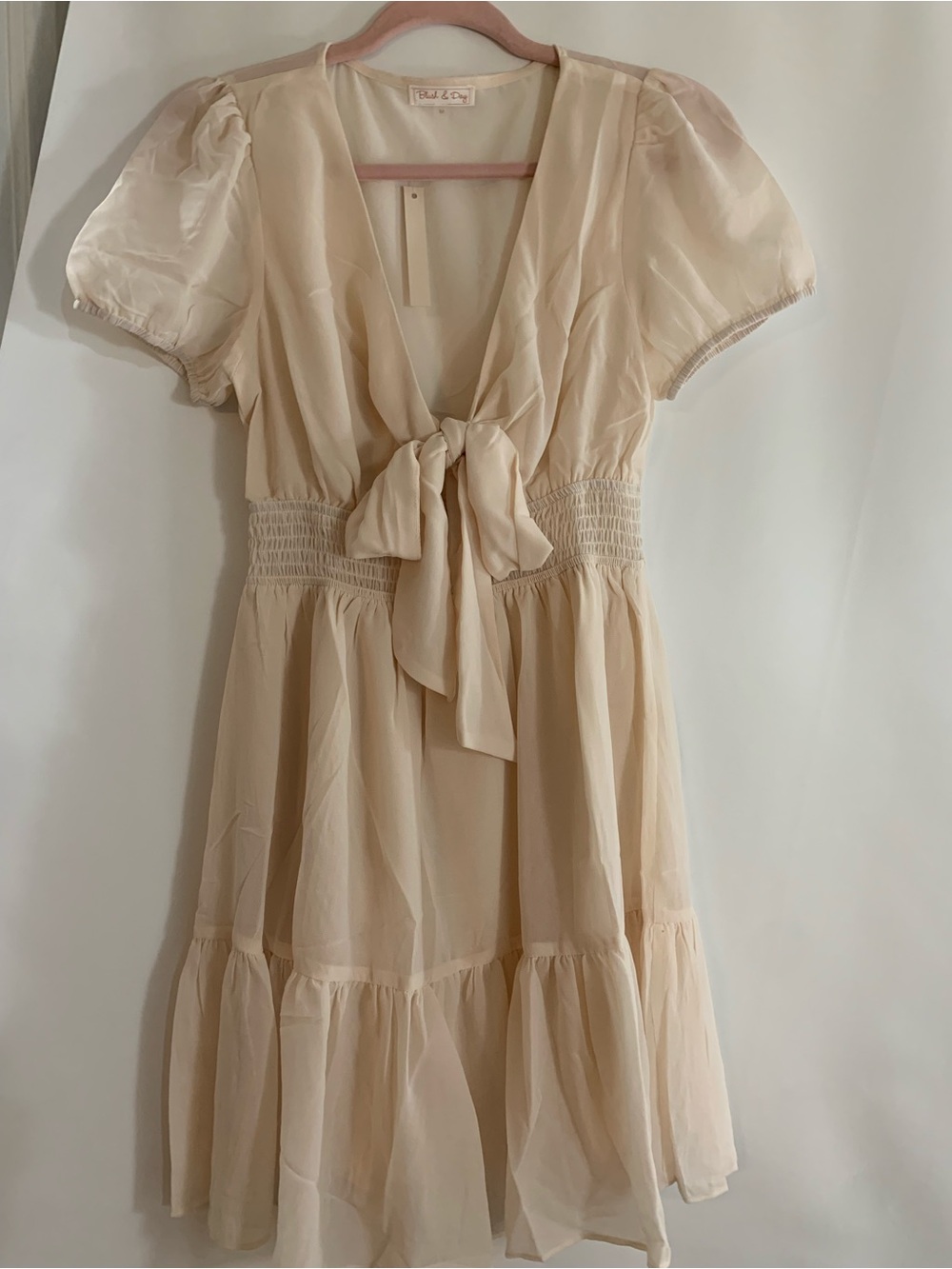 Cream Tie-Front Puff Sleeve Mini Dress with Smocked Waist